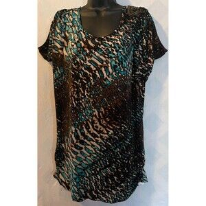 WORTHINGTON Unique Snakeskin Print Stretchy Knit Top Attached Brooch Sz XL